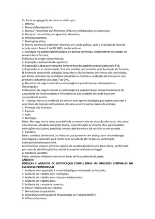 II - Surto ou agregação de casos ou óbitos por:
1. Difteria;
2. Doença Meningocócica;
3. Doença Transmitida por Alimentos (DTA) em embarcações ou aeronaves;
4. Doenças transmitidas por água e/ou alimentos;
6. Influenza Humana;
7. Meningites Virais;
8. Outros eventos de potencial relevância em saúde pública, após a avaliação de risco de
acordo com o Anexo II do RSI 2005, destacando-se:
a) Alteração no padrão epidemiológico de doença conhecida, independente de constar no
Anexo I desta Portaria;
b) Doença de origem desconhecida;
c) Exposição a contaminantes químicos;
d) Exposição à água para consumo humano fora dos padrões preconizados pela SVS;
e) Exposição ao ar contaminado, fora dos padrões preconizados pela Resolução do Conama;
f) Acidentes envolvendo radiações ionizantes e não ionizantes por fontes não controladas,
por fontes utilizadas nas atividades industriais ou médicas e acidentes de transporte com
produtos radioativos da classe 7 da ONU.
g) Desastres de origem natural ou antropogênica quando houver desalojados ou
desabrigados;
h) Desastres de origem natural ou antropogênica quando houver comprometimento da
capacidade de funcionamento e infraestrutura das unidades de saúde locais em
conseqüência evento.
III - Doença, morte ou evidência de animais com agente etiológico que podem acarretar a
ocorrência de doenças em humanos, destaca-se entre outras classes de animais:
1. Primatas não humanos
2. Equinos
3. Aves
4. Morcegos
Raiva: Morcego morto sem causa definida ou encontrado em situação não usual, tais como:
vôos diurnos, atividade alimentar diurna, incoordenação de movimentos, agressividade,
contrações musculares, paralisias, encontrado durante o dia no chão ou em paredes.
5. Canídeos
Raiva: canídeos domésticos ou silvestres que apresentaram doença com sintomatologia
neurológica e evoluíram para morte num período de até 10 dias ou confirmado
Laboratorialmente para raiva.
Leishmaniose visceral: primeiro registro de canídeo doméstico em área indene, confirmado
por meio da identificação laboratorial da espécie Leishmania chagasi.
6. Roedores silvestres
Peste: roedores silvestres mortos em áreas de focos naturais de peste.
ANEXO III
DOENÇAS E AGRAVOS DE NOTIFICAÇÃO COMPULSÓRIA EM UNIDADES SENTINELAS NO
ESTADO DE PERNAMBUCO
1. Acidente com exposição à material biológico relacionado ao trabalho;
2. Acidente de trabalho com mutilações;
3. Acidente de trabalho em crianças e adolescentes;
4. Acidente de trabalho fatal;
5. Acidente de transporte terrestre;
6. Câncer relacionado ao trabalho;
7. Dermatoses ocupacionais;
8. Distúrbios Ostemusculares Relacionados ao Trabalho (DORT);
9. Influenza humana;
 