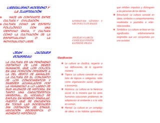 liberalismo moderno y                                                          que inhiben impulsos y distinguen
         la Ilustración.                                                           a las personas de los demás.
                                                                                 Estructural: La cultura consiste en
     Hace un contraste entre                                                      ideas, símbolos o comportamientos,
  cultura y civilización.                       LITERATURA GÉNERO          Y
                                                                                   modelados o pautados e inter-
 cultura como un espíritu                      GRUPOS CULTURALES
                                                                                   relacionados.
  folclórico        con   una
                                                                                 Simbólica: La cultura se basa en los
  identidad única, y cultura
                                                                                   significados       arbitrariamente
  como la cultivación de la
  espiritualidad        o  la                   ANGÉLICA GARCÍA                    asignados que son compartidos por
                                                CONSUELO PINZÓN                    una sociedad.
  individualidad libre.
                                                KATERINE PRADA



        Jean          Jacques
        Rousseau:                  Clasificación
    la cultura es un fenómeno          La cultura se clasifica, respecto a
    distintivo de los seres
                                         sus definiciones, de la siguiente
    humanos, que los coloca
    en una posición diferente a          manera:
    la del resto de animales.          Tópica: La cultura consiste en una
    La cultura es el conjunto            lista de tópicos o categorías, tales
    de los conocimientos y
                                         como organización social, religión
    saberes acumulados por
    la humanidad a lo largo de           o economía.
    sus milenios de historia. En       Histórica: La cultura es la herencia
    tanto una característica             social, es la manera que los seres
    universal, el vocablo se             humanos solucionan problemas de
    emplea en número singular,
    puesto que se encuentra              adaptación al ambiente o a la vida
    en todas las sociedades              en común.
    sin distinción de etnias,          Mental: La cultura es un complejo
    ubicación   geográfica     o         de ideas, o los hábitos aprendidos,
    momento histórico
 