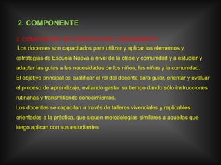 2. COMPONENTE2. COMPONENTE DE CAPACITACION Y SEGUIMIENTO Los docentes son capacitados para utilizar y aplicar los elementos y estrategias de Escuela Nueva a nivel de la clase y comunidad y a estudiar y adaptar las guías a las necesidades de los niños, las niñas y la comunidad.El objetivo principal es cualificar el rol del docente para guiar, orientar y evaluar el proceso de aprendizaje, evitando gastar su tiempo dando sólo instrucciones rutinarias y transmitiendo conocimientos.Los docentes se capacitan a través de talleres vivenciales y replicables, orientados a la práctica, que siguen metodologías similares a aquellas que luego aplican con sus estudiantes.