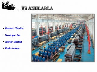 75
VS anularla...
●
Personas-Tornillo
●
Cerrar puertas
●
Coartar libertad
●
Perder talento
 