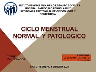 INSTITUTO VENEZOLANO DE LOS SEGURO SOCIALES
HOSPITAL PATROCINIO PEÑUELA RUIZ
RESIDENCIA ASISTENCIAL DE GINECOLOGIA Y
OBSTETRICIA.
SAN CRISTOBAL, FEBRERO 2021
TUTOR:
Dra. DOMADOR
EXPOSITOR:
Dr. BLADIMIR BARRIOS Q.
CI.21.418.541
 