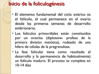 Inicio de la foliculogénesis El elemento fundamental del ciclo ovárico es el folículo, el cual permanece en el ovario desde las primeras semanas de desarrollo embrionario. Los folículos primordiales están constituidos por un ovocito (diplotene- profase de la primera división meiótica), rodeado de una hilera de células de la pregranulosa. La fase folicular tiene como resultado el desarrollo y la permanencia de habitualmente) un folículo maduro. El proceso se completa en 10-14 días 