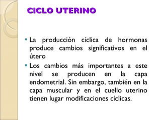 CICLO UTERINO La producción cíclica de hormonas produce cambios significativos en el útero Los cambios más importantes a este nivel se producen en la capa endometrial. Sin embargo, también en la capa muscular y en el cuello uterino tienen lugar modificaciones cíclicas. 