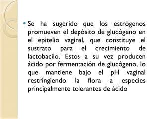 Se ha sugerido que los estrógenos promueven el depósito de glucógeno en el epitelio vaginal, que constituye el sustrato para el crecimiento de lactobacilo. Estos a su vez producen ácido por fermentación de glucógeno, lo que mantiene bajo el pH vaginal restringiendo la flora a especies principalmente tolerantes de ácido 