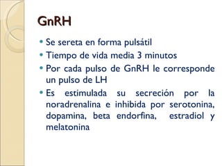 GnRH Se sereta en forma pulsátil Tiempo de vida media 3 minutos Por cada pulso de GnRH le corresponde un pulso de LH Es estimulada su secreción por la noradrenalina e inhibida por serotonina, dopamina, beta endorfina,  estradiol y melatonina 
