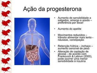 Ação da progesterona Aumento de sensibilidade a salgados, amargo e azedo – preferência por doce! Aumento do apetite Movimentos reduzidos – trânsito alimentar mais lento - náuseas, constipação Retenção hídrica – inchaço – aumento sensível de peso Alteração de captação de glicose - de acordo com Frankovich & Lebrun (2000), pode ocorrer uma menor sensibilidade à insulina 