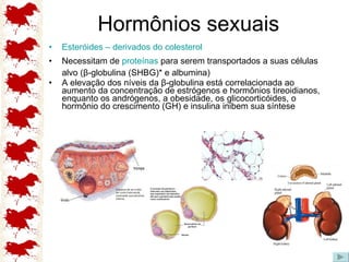 Hormônios sexuais Esteróides – derivados do colesterol Necessitam de  proteínas  para serem transportados a suas células alvo (β-globulina (SHBG)* e albumina)  A elevação dos níveis da β-globulina está correlacionada ao aumento da concentração de estrógenos e hormônios tireoidianos, enquanto os andrógenos, a obesidade, os glicocorticóides, o hormônio do crescimento (GH) e insulina inibem sua síntese 