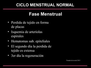 CICLO MENSTRUAL NORMAL
Fase Menstrual
• Perdida de tejido en forma
de placas
• Isquemia de arteriolas
espirales
• Hematomas sub. epiteliales
• El segundo día la perdida de
tejido es extensa
• 3er día la regeneración
Tratado de novak 2013
 