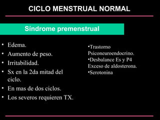 CICLO MENSTRUAL NORMAL
Síndrome premenstrual
• Edema.
• Aumento de peso.
• Irritabilidad.
• Sx en la 2da mitad del
ciclo.
• En mas de dos ciclos.
• Los severos requieren TX.
•Trastorno
Psiconeuroendocrino.
•Desbalance Es y P4
Exceso de aldosterona.
•Serotonina
 