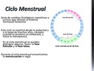 Serie de cambios fisiológicos repetitivos y
cíclicos que afectan al sistema
hormonal femenino
Este ciclo se repetirá desde la pubertad y
a lo largo de muchos años, excepto
cuando se produce un embarazo, y
hasta la menopausia.
En el ciclo menstrual se pueden
distinguir algunas fases: la fase
folicular y la fase lútea.
Durante el ciclo menstrual encontramos
la menstruación o regla.
Ciclo MenstrualCiclo Menstrual
 