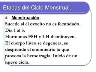 Etapas del Ciclo Menstrual.
4. Menstruación:
Sucede si el ovocito no es fecundado.
Día 1 al 5.
Hormonas FSH y LH disminuyen.
El cuerpo lúteo se degenera, se
desprende el endometrio lo que
provoca la hemorragia. Inicio de un
nuevo ciclo.
 