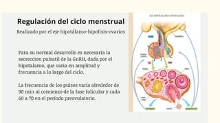 Regulación del ciclo menstrual
Realizado por el eje hipotálamo-hipofisis-ovarios
Para su normal desarrollo es necesaria la
secreccion pulsatil de la GnRH, dada por el
hipotalamo, que varia en amplitud y
frecuencia a lo largo del ciclo.
La frecuencia de los pulsos varía alrededor de
90 min al comienzo de la fase folicular y cada
60 a 70 en el período preovulatorio.
 