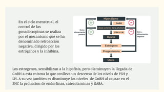 En el ciclo menstrual, el
control de las
gonadotropinas se realiza
por el mecanismo que se ha
denominado retroacción
negativa, dirigido por los
estrógenos y la inhibina.
Los estrogenos, sensibilizan a la hipofisis, pero disminuyen la llegada de
GnRH a esta misma lo que conlleva un descenso de los nivels de FSH y
LH. A su vez tambien es disminuye los niveles de GnRH al causar en el
SNC la prduccion de endorfinas, catecolaminas y GABA.
 