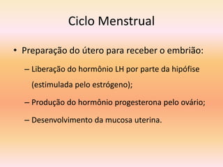 Ciclo Menstrual

• Preparação do útero para receber o embrião:
  – Liberação do hormônio LH por parte da hipófise
    (estimulada pelo estrógeno);

  – Produção do hormônio progesterona pelo ovário;

  – Desenvolvimento da mucosa uterina.
 