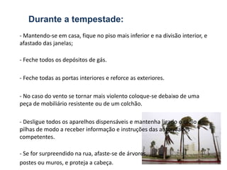 Durante a tempestade:
- Mantendo-se em casa, fique no piso mais inferior e na divisão interior, e
afastado das janelas;

- Feche todos os depósitos de gás.

- Feche todas as portas interiores e reforce as exteriores.

- No caso do vento se tornar mais violento coloque-se debaixo de uma
peça de mobiliário resistente ou de um colchão.

- Desligue todos os aparelhos dispensáveis e mantenha ligado o rádio a
pilhas de modo a receber informação e instruções das autoridades
competentes.

- Se for surpreendido na rua, afaste-se de árvores,
postes ou muros, e proteja a cabeça.
 