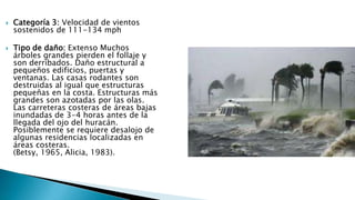  Categoría 3: Velocidad de vientos
sostenidos de 111-134 mph
 Tipo de daño: Extenso Muchos
árboles grandes pierden el follaje y
son derribados. Daño estructural a
pequeños edificios, puertas y
ventanas. Las casas rodantes son
destruidas al igual que estructuras
pequeñas en la costa. Estructuras más
grandes son azotadas por las olas.
Las carreteras costeras de áreas bajas
inundadas de 3-4 horas antes de la
llegada del ojo del huracán.
Posiblemente se requiere desalojo de
algunas residencias localizadas en
áreas costeras.
(Betsy, 1965, Alicia, 1983).
 
