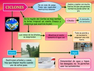 Soplan y soplan con mucha
fuerza tal que una persona
normal no puede estar de
pie.
Mientras el viento
aumenta el agua cae
Las ramas de los árboles
se desprenden
Todo se pierde y
es necesario
empezar una vida
nueva.
A menudo
en inviernoOtoño
No es cosa de juego.
Tiene una capacidad
destructiva inmensa
Viento
Inmensidad de agua y tapan
los desagües, no te permiten
usar los automóviles.
Destrozan arboles y casas,
hay que limpiar mucho cuando
uno de estos pasa.
En la región del Caribe es muy normal
la brisa tropical un viento fresco y
disparejo que acaricia la piel.
Agua
 