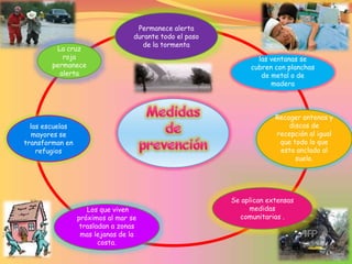 Permanece alerta
durante todo el paso
de la tormenta
las ventanas se
cubren con planchas
de metal o de
madera
Recoger antenas y
discos de
recepción al igual
que todo lo que
esta anclado al
suelo.
Los que viven
próximos al mar se
trasladan a zonas
mas lejanas de la
costa.
las escuelas
mayores se
transforman en
refugios
Se aplican extensas
medidas
comunitarias .
La cruz
roja
permanece
alerta
 