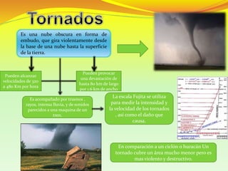 Es una nube obscura en forma de
embudo, que gira violentamente desde
la base de una nube hasta la superficie
de la tierra.
Pueden alcanzar
velocidades de 320
a 480 Km por hora
Pueden provocar
una devastación de
hasta 80 km de largo
por 1.6 km de ancho
La escala Fujita se utiliza
para medir la intensidad y
la velocidad de los tornados
, así como el daño que
causa.
Es acompañado por truenos ,
rayos, intensa lluvia, y de sonidos
parecidos a una maquina de un
tren.
En comparación a un ciclón o huracán Un
tornado cubre un área mucho menor pero es
mas violento y destructivo.
 