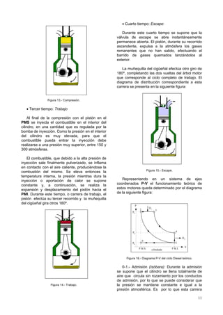 • Cuarto tiempo: Escape:

                                                         Durante este cuarto tiempo se supone que la
                                                      válvula de escape se abre instantáneamente
                                                      permanece abierta. El pistón, durante su recorrido
                                                      ascendente, expulsa a la atmósfera los gases
                                                      remanentes que no han salido, efectuando el
                                                      barrido de gases quemados lanzándolos al
                                                      exterior.

                                                         La muñequilla del cigüeñal efectúa otro giro de
                                                      180º, completando las dos vueltas del árbol motor
                                                      que corresponde al ciclo completo de trabajo. El
                                                      diagrama de distribución correspondiente a esta
                                                      carrera se presenta en la siguiente figura:


               Figura 13.- Compresión.

   • Tercer tiempo: Trabajo

    Al final de la compresión con el pistón en el
PMS se inyecta el combustible en el interior del
cilindro, en una cantidad que es regulada por la
bomba de inyección. Como la presión en el interior
del cilindro es muy elevada, para que el
combustible pueda entrar la inyección debe
realizarse a una presión muy superior, entre 150 y
300 atmósferas.

    El combustible, que debido a la alta presión de
inyección sale finalmente pulverizado, se inflama
en contacto con el aire caliente, produciéndose la
                                                                                 Figura 15.- Escape.
combustión del mismo. Se eleva entonces la
temperatura interna, la presión mientras dura la
inyección o aportación de calor se supone                Representando en un sistema de ejes
constante y, a continuación, se realiza la            coordenados P-V el funcionamiento teórico de
expansión y desplazamiento del pistón hacia el        estos motores queda determinado por el diagrama
PMI. Durante este tiempo, o carrera de trabajo, el    de la siguiente figura:
pistón efectúa su tercer recorrido y la muñequilla
del cigüeñal gira otros 180º.
                                                                    P
                                                                                  Q1
                                                                        2              3
                                                               P2




                                                               P4                                      4

                                                                                                            Q2
                                                                            0
                                                               P0                                      1
                                                                                                             V
                                                                        P.M.S.      cilindrada     P.M.I.


                                                           Figura 16.- Diagrama P-V del ciclo Diesel teórico.

                                                          0-1.- Admisión (Isóbara): Durante la admisión
                                                      se supone que el cilindro se llena totalmente de
                                                      aire que circula sin rozamiento por los conductos
                                                      de admisión, por lo que se puede considerar que
                 Figura 14.- Trabajo.                 la presión se mantiene constante e igual a la
                                                      presión atmosférica. Es por lo que esta carrera

                                                                                                                 11
 