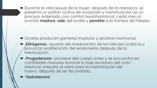  Durante la vida sexual de la mujer, después de la menarca, se
presenta un patrón cíclico de ovulación y menstruación; es un
proceso ordenado con control neurohormonal: cada mes un
ovocito madura, sale del ovario y penetra a la trompa de Falopio.

 Ovarios producen gametos maduros y secretan hormonas
 -Estrógenos- ayudan ala maduración de los folículos ováricos y
provocan proliferación del endometrio después de la
mestruacion.
 -Progesterona- proviene del cuerpo luteo y se encuentra en
cantidades mayores durante la fase secretora del ciclo
mestrual, prepara al utero para la implantación del
huevo, después de ser fecundado.
 -Testosterona

 