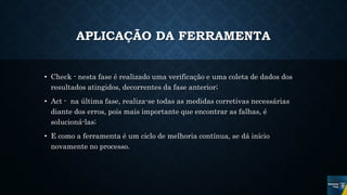 APLICAÇÃO DA FERRAMENTA
• Check - nesta fase é realizado uma verificação e uma coleta de dados dos
resultados atingidos, decorrentes da fase anterior;
• Act - na última fase, realiza-se todas as medidas corretivas necessárias
diante dos erros, pois mais importante que encontrar as falhas, é
solucioná-las;
• E como a ferramenta é um ciclo de melhoria contínua, se dá início
novamente no processo.
 