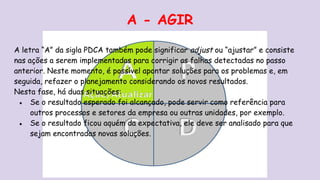 A - AGIR
A letra “A” da sigla PDCA também pode significar adjust ou “ajustar” e consiste
nas ações a serem implementadas para corrigir as falhas detectadas no passo
anterior. Neste momento, é possível apontar soluções para os problemas e, em
seguida, refazer o planejamento considerando os novos resultados.
Nesta fase, há duas situações:
● Se o resultado esperado foi alcançado, pode servir como referência para
outros processos e setores da empresa ou outras unidades, por exemplo.
● Se o resultado ficou aquém da expectativa, ele deve ser analisado para que
sejam encontradas novas soluções.
 