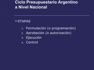 Ciclo Presupuestario Argentino
a Nivel Nacional


   ETAPAS

     1.   Formulación (o programación)
     2.   Aprobación (o autorización)
     3.   Ejecución
     4.   Control
 