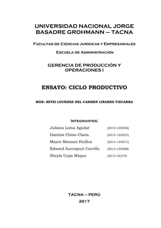 UNIVERSIDAD NACIONAL JORGE
BASADRE GROHMANN – TACNA
Facultad de Ciencias Jurídicas y Empresariales
Escuela de Administración
GERENCIA DE PRODUCCIÓN Y
OPERACIONES I
ENSAYO: CICLO PRODUCTIVO
MGR: MITZI LOURDES DEL CARMEN LINARES VIZCARRA
Integrantes:
Juliana Loma Aguilar (2014-105030)
Danitza Chino Chata (2014-105027)
Mayra Mamani Huillca (2014-105071)
Edward Auccapuri Carrillo (2014-105008)
Sheyla Copa Maque (2012-36279)
TACNA – PERÚ
2017
 