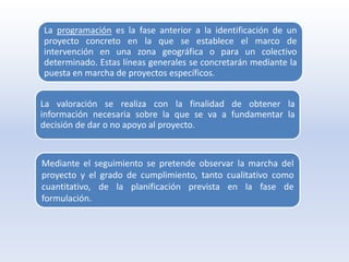 La programación es la fase anterior a la identificación de un
proyecto concreto en la que se establece el marco de
intervención en una zona geográfica o para un colectivo
determinado. Estas líneas generales se concretarán mediante la
puesta en marcha de proyectos específicos.


La valoración se realiza con la finalidad de obtener la
información necesaria sobre la que se va a fundamentar la
decisión de dar o no apoyo al proyecto.


Mediante el seguimiento se pretende observar la marcha del
proyecto y el grado de cumplimiento, tanto cualitativo como
cuantitativo, de la planificación prevista en la fase de
formulación.
 