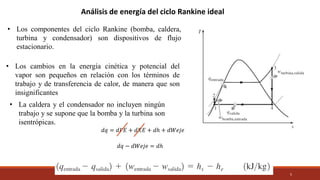 5
Análisis de energía del ciclo Rankine ideal
• Los componentes del ciclo Rankine (bomba, caldera,
turbina y condensador) son dispositivos de flujo
estacionario.
• Los cambios en la energía cinética y potencial del
vapor son pequeños en relación con los términos de
trabajo y de transferencia de calor, de manera que son
insignificantes
• La caldera y el condensador no incluyen ningún
trabajo y se supone que la bomba y la turbina son
isentrópicas.
𝑑𝑞 = 𝑑𝑃𝐸 + 𝑑𝐾𝐸 + 𝑑ℎ + 𝑑𝑊𝑒𝑗𝑒
𝑑𝑞 − 𝑑𝑊𝑒𝑗𝑒 = 𝑑ℎ
 