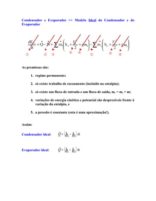 Condensador e Evaporador >> Modelo Ideal do Condensador e do
Evaporador

As premissas são:
1. regime permanente;
2. só existe trabalho de escoamento (incluído na entalpia);
3. só existe um fluxo de entrada e um fluxo de saída, me = ms = m;
4. variações de energia cinética e potencial são desprezíveis frente à
variação da entalpia, e
5. a pressão é constante (esta é uma aproximação!).
Assim:


(h − h ) m

Condensador ideal:


Q=

Evaporador ideal:



Q = ( h1 − h4 ) m

3

2

 