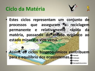 Ciclo da Matéria
• Estes ciclos representam um conjunto de
processos que asseguram a reciclagem
permanente e relativamente rápida da
matéria, passando do estado orgânico ao
estado mineral e vice-versa.
• Assim, os ciclos biogeoquímicos contribuem
para o equilíbrio dos ecossistemas.
5
 