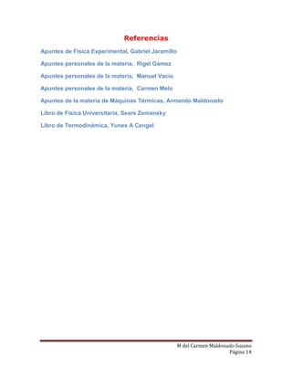 M del Carmen Maldonado Susano
Página 14
Referencias
Apuntes de Física Experimental, Gabriel Jaramillo
Apuntes personales de la materia, Rigel Gámez
Apuntes personales de la materia, Manuel Vacio
Apuntes personales de la materia, Carmen Melo
Apuntes de la materia de Máquinas Térmicas, Armando Maldonado
Libro de Física Universitaria, Sears Zemansky
Libro de Termodinámica, Yunes A Cengel
 