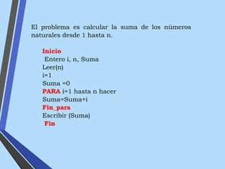 El problema es calcular la suma de los números
naturales desde 1 hasta n.
Inicio
Entero i, n, Suma
Leer(n)
i=1
Suma =0
PARA i=1 hasta n hacer
Suma=Suma+i
Fin_para
Escribir (Suma)
Fin
 