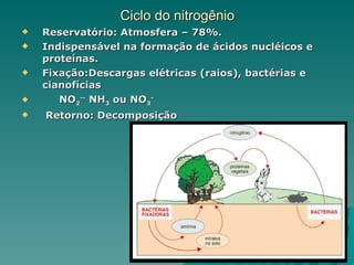 Ciclo do nitrogênio Reservatório: Atmosfera – 78%. Indispensável na formação de ácidos nucléicos e proteínas. Fixação:Descargas elétricas (raios), bactérias e cianofícias NO 2 --  NH 3  ou NO 3 - Retorno: Decomposição  