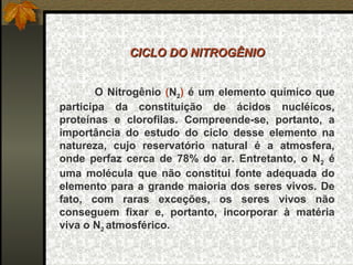 CICLO DO NITROGÊNIO


       O Nitrogênio (N2) é um elemento químico que
participa da constituição de ácidos nucléicos,
proteínas e clorofilas. Compreende-se, portanto, a
importância do estudo do ciclo desse elemento na
natureza, cujo reservatório natural é a atmosfera,
onde perfaz cerca de 78% do ar. Entretanto, o N2 é
uma molécula que não constitui fonte adequada do
elemento para a grande maioria dos seres vivos. De
fato, com raras exceções, os seres vivos não
conseguem fixar e, portanto, incorporar à matéria
viva o N2 atmosférico.
 