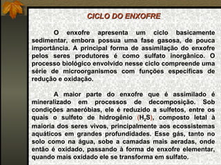 CICLO DO ENXOFRE

       O enxofre apresenta um ciclo basicamente
sedimentar, embora possua uma fase gasosa, de pouca
importância. A principal forma de assimilação do enxofre
pelos seres produtores é como sulfato inorgânico. O
processo biológico envolvido nesse ciclo compreende uma
série de microorganismos com funções específicas de
redução e oxidação.

       A maior parte do enxofre que é assimilado é
mineralizado em processos de decomposição. Sob
condições anaeróbias, ele é reduzido a sulfetos, entre os
quais o sulfeto de hidrogênio (H2S), composto letal à
maioria dos seres vivos, principalmente aos ecossistemas
aquáticos em grandes profundidades. Esse gás, tanto no
solo como na água, sobe a camadas mais aeradas, onde
então é oxidado, passando à forma de enxofre elementar,
quando mais oxidado ele se transforma em sulfato.
 