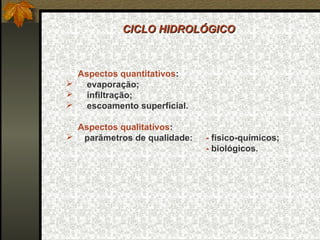 CICLO HIDROLÓGICO


 
      Aspectos quantitativos:
       evaporação;
       infiltração;
       escoamento superficial.

      Aspectos qualitativos:
      parâmetros de qualidade:   - físico-químicos;
                                  - biológicos.
 