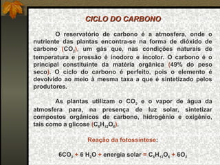 CICLO DO CARBONO

        O  reservatório  de  carbono  é  a  atmosfera,  onde  o 
nutriente  das  plantas  encontra-se  na  forma  de  dióxido  de 
carbono  (CO2),  um  gás  que,  nas  condições  naturais  de 
temperatura  e  pressão  é  inodoro  e  incolor.  O  carbono  é  o 
principal  constituinte  da  matéria  orgânica  (49%  do  peso 
seco).  O  ciclo  do  carbono  é  perfeito,  pois  o  elemento  é 
devolvido  ao  meio  à  mesma  taxa  a  que  é  sintetizado  pelos 
produtores.

       As  plantas  utilizam  o  CO2  e  o  vapor  de  água  da 
atmosfera  para,  na  presença  de  luz  solar,  sintetizar 
compostos  orgânicos  de  carbono,  hidrogênio  e  oxigênio, 
tais como a glicose (C6H12O6).

                    Reação da fotossíntese:

         6CO2 + 6 H2O + energia solar = C6H12O6 + 6O2
 