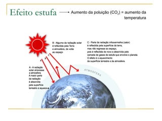 Efeito estufa Aumento da poluição (CO 2 ) = aumento da temperatura 