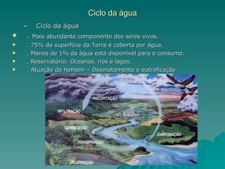 Ciclo da água Ciclo da água .  Mais abundante componente dos seres vivos. . 75% da superfície da Terra é coberta por água. . Menos de 1% da água está disponível para o consumo. . Reservatório: Oceanos, rios e lagos. . Atuação do homem – Desmatamento e eutrofização 