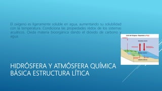 HIDRÓSFERA Y ATMÓSFERA QUÍMICA
BÁSICA ESTRUCTURA LÍTICA
El oxígeno es ligeramente soluble en agua, aumentando su solubilidad
con la temperatura. Condiciona las propiedades rédox de los sistemas
acuáticos. Oxida materia bioorgánica dando el dióxido de carbono y
agua.
 