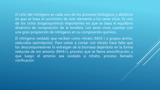 El ciclo del nitrógeno es cada uno de los procesos biológicos y abióticos
en que se basa el suministro de este elemento a los seres vivos. Es uno
de los ciclos biogeoquímicos importantes en que se basa el equilibrio
dinámico de composición de la biosfera. Los seres vivos cuentan con
una gran proporción de nitrógeno en su composición química.
El nitrógeno oxidado que reciben como nitrato (NO3-) a grupos amino,
reducidos (asimilación). Para volver a contar con nitrato hace falta que
los descomponedores lo extraigan de la biomasa dejándolo en la forma
reducida de ion amonio (NH4+), proceso que se llama amonificación; y
que luego el amonio sea oxidado a nitrato, proceso llamado
nitrificación.
 