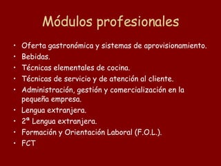 Módulos profesionales Oferta gastronómica y sistemas de aprovisionamiento.  Bebidas.  Técnicas elementales de cocina.  Técnicas de servicio y de atención al cliente.  Administración, gestión y comercialización en la pequeña empresa.  Lengua extranjera.  2ª Lengua extranjera.  Formación y Orientación Laboral (F.O.L.).  FCT 