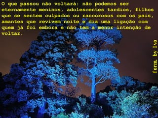 O que passou não voltará: não podemos ser eternamente meninos, adolescentes tardios, filhos que se sentem culpados ou rancorosos com os pais, amantes que revivem noite e dia uma ligação com quem já foi embora e não tem a menor intenção de voltar.  