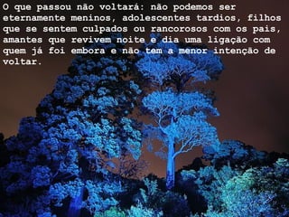 O que passou não voltará: não podemos ser eternamente meninos, adolescentes tardios, filhos que se sentem culpados ou rancorosos com os pais, amantes que revivem noite e dia uma ligação com quem já foi embora e não tem a menor intenção de voltar.  