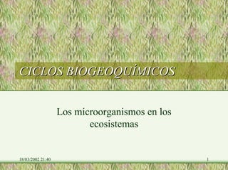 CICLOS BIOGEOQUÍMICOS


                   Los microorganismos en los
                          ecosistemas


18/03/2002 21:40                                1
 