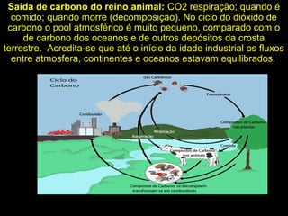Saída de carbono do reino animal: CO2 respiração; quando é
comido; quando morre (decomposição). No ciclo do dióxido de
carbono o pool atmosférico é muito pequeno, comparado com o
de carbono dos oceanos e de outros depósitos da crosta
terrestre. Acredita-se que até o início da idade industrial os fluxos
entre atmosfera, continentes e oceanos estavam equilibrados.
 