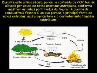 Durante este último século, porém, o conteúdo de CO2 tem se
elevado por causa de novas entradas antrópicas, conforma
mostram as linhas pontilhadas da figura. A queima de
combustíveis fósseis é, ao que parece, a principal fonte de
novas entradas, mas a agricultura e o desmatamento também
contribuem.
 